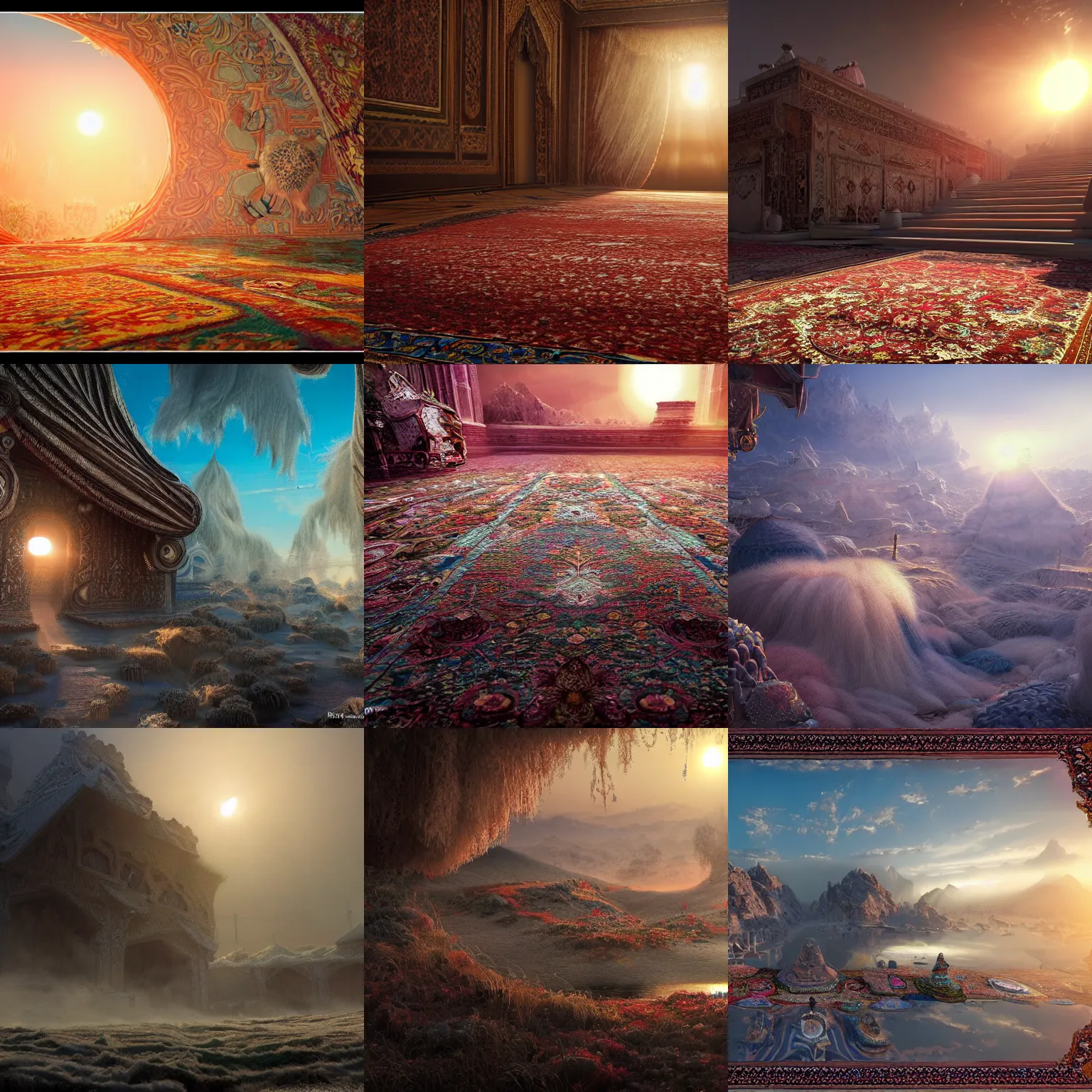 Prompt: sunrise in the Fluffy Persian Carpet world, everything is carpet, photorealistic concept art, immense detail, epic, striking, featured on Artstation HD