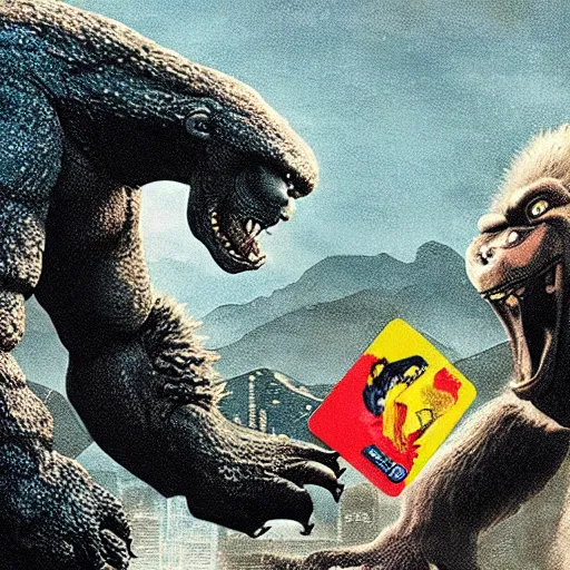 Image similar to godzilla and kong playing uno