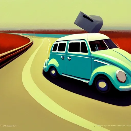 Image similar to goro fujita ilustration a volkswagen on the highway, painting by goro fujita, sharp focus, highly detailed, artstation