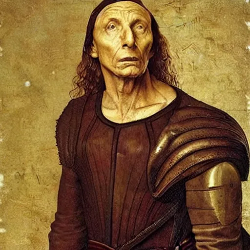 Image similar to Michel Houellebecq portrait in Renaissance armor, detailed, cinematic light, art by Leonardo da Vinci