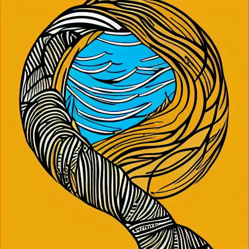 Image similar to tattoo sketch of a ocean, for leg. on a yellow canva, ornamental, line art, vector,