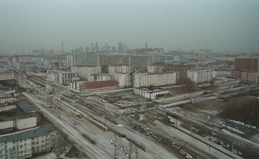 Image similar to 80s historic footage of a soviet city with soviet high rise and pedestrians, aerial photo night vision, Cinestill 800t 18mm, heavy grainy picture, very detailed, high quality, 4k panoramic, billboards and streetlight at night, rain, mud, foggy