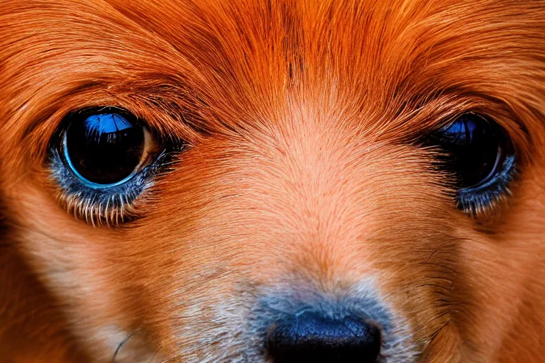 Prompt: closeup potrait of orange dog with bulgy eyes, licking its own nose, photograph, natural light, sharp, detailed face, magazine, press, photo, Steve McCurry, David Lazar, Canon, Nikon, focus