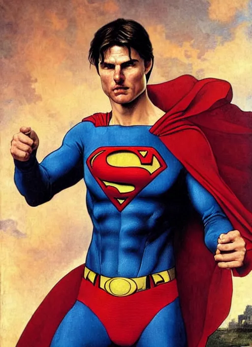 Prompt: renaissance portrait painting of old angry tom cruise as superman 8 2 0 2 3, alternative costume, character redesign by lee bermejo and greg rutkowski and alphonse mucha