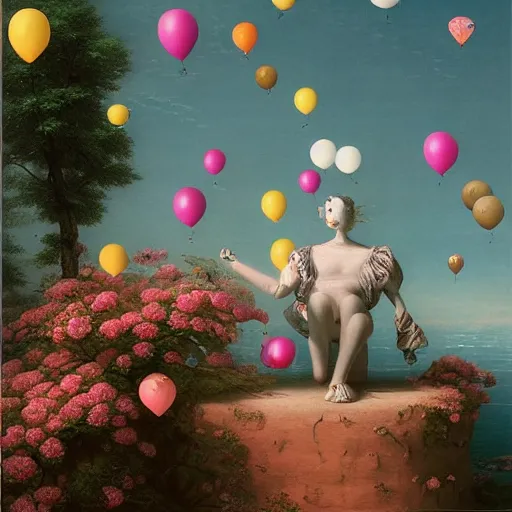 Image similar to liminal spaces, party balloons, checkered pattern, David Friedrich, award winning masterpiece with incredible details, Zhang Kechun, a surreal vaporwave vaporwave vaporwave vaporwave vaporwave painting by Thomas Cole of an old pink mannequin head with flowers growing out, sinking underwater, highly detailed