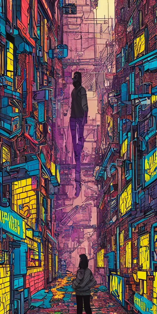 Image similar to person standing in a cyberpunk alley, pop art, markers, rtx, 8 k, ray tracing, highly detailed