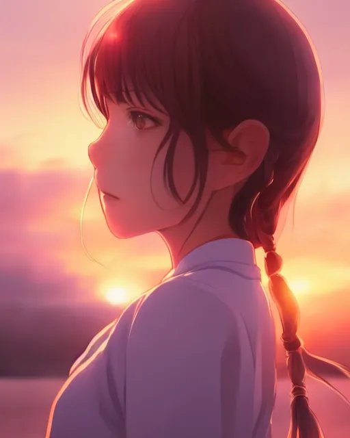 Image similar to kyoto animation, woman looking at sunset, beautiful, detailed portrait, cell shaded, 4 k, concept art, by wlop, ilya kuvshinov, artgerm, krenz cushart, greg rutkowski, pixiv. cinematic dramatic atmosphere, sharp focus, volumetric lighting, cinematic lighting, studio quality