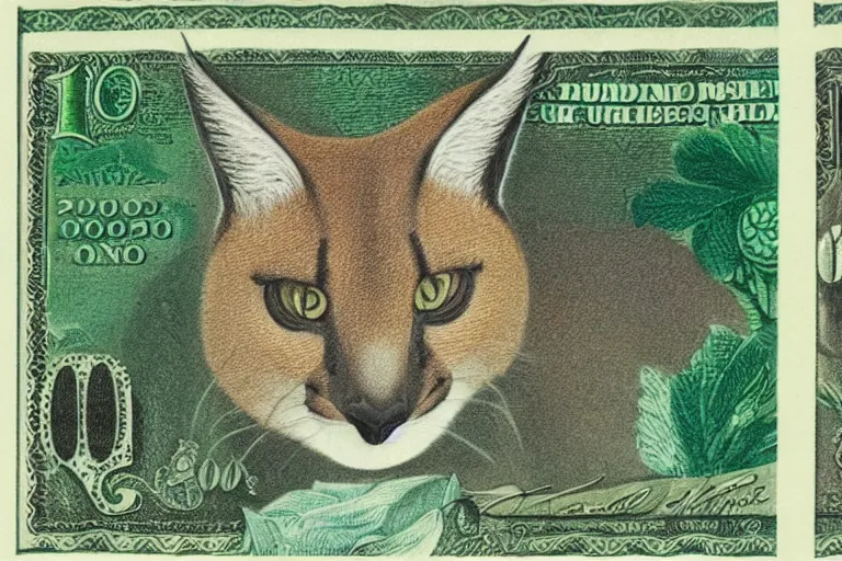 Image similar to cute caracal face at $100 bill, banknote, intaglio style, macro, realistic