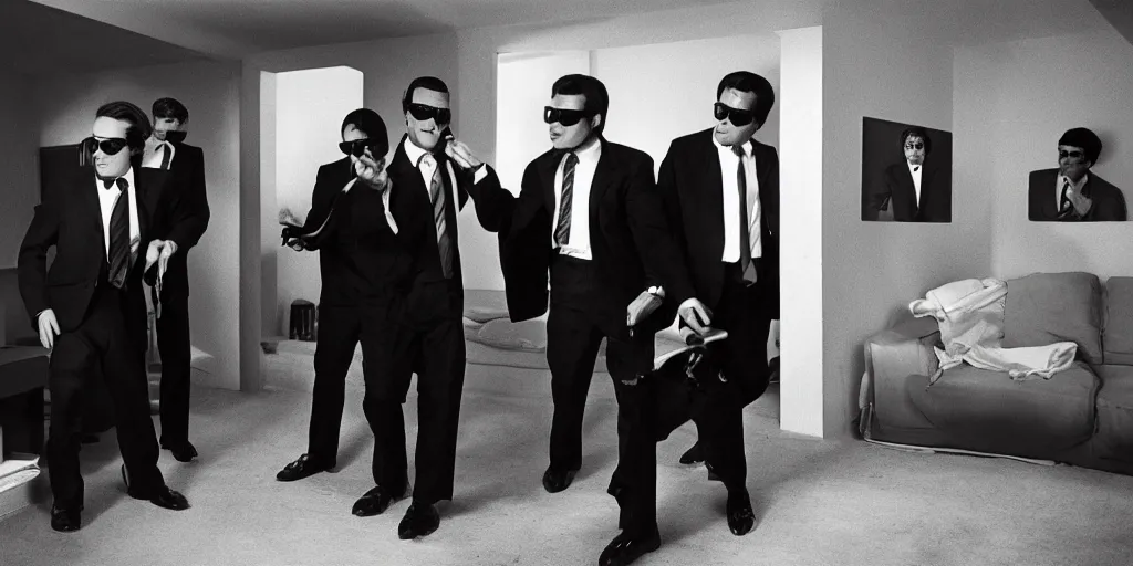 Prompt: Men in black suits with no facial detail, sun glasses, raiding a 1970's home at night, horror movie