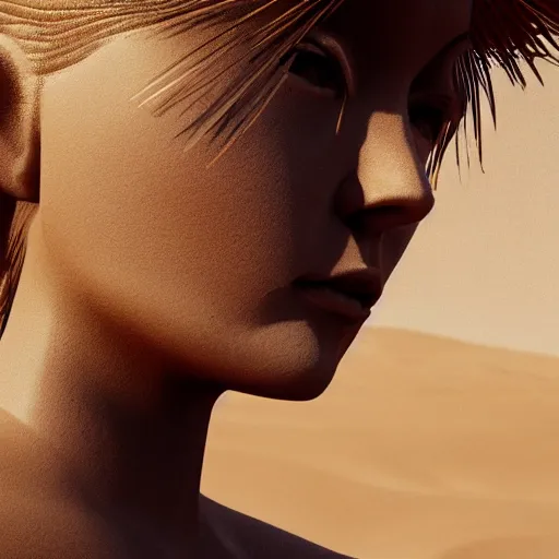 Image similar to a gorgeous goddess face arising out of the desert sand, photorealistic, beautiful dynamic dramatic, shadows, cinematic atmosphere, octane render, 8 k