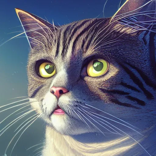 Prompt: highly detailed closeup portrait of a cat, in disney, stephen bliss, unreal engine, art by greg rutkowski, loish, rhads, ferdinand knab, makoto shinkai and lois van baarle, ilya kuvshinov, rossdraws, tom bagshaw, global illumination, radiant light, detailed and intricate environment