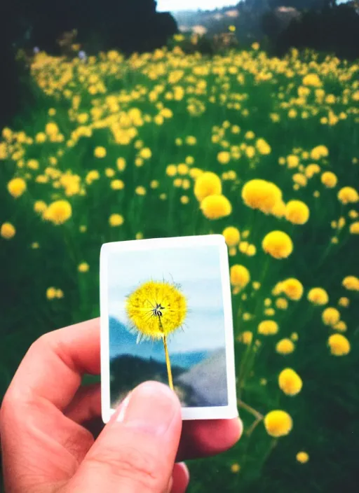 Image similar to instax mini portrait of a woman holding a dandelion in the berkeley hills