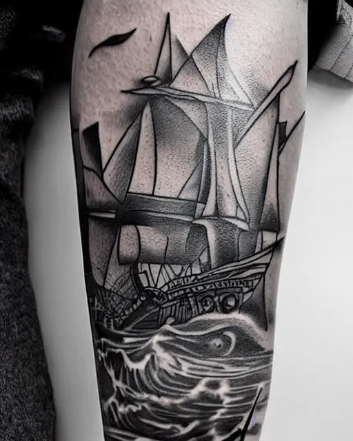 Image similar to A tattoo design on paper of a pirate ship, on paper, black and white, highly detailed tattoo, realistic tattoo, realism tattoo, beautiful shades