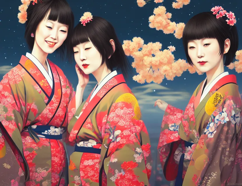 Image similar to two beautiful charming japan girls wear arty kimono in festival | | sunny night, full moon, dreamlike art, realistic shaded, smile, good looking, hyper details, 4 k realistic, cryengine, realistic shaded lighting poster by ilya kuvshinov, fuji choko, ross tran, 8 k resolution, trending on artstation, luxury