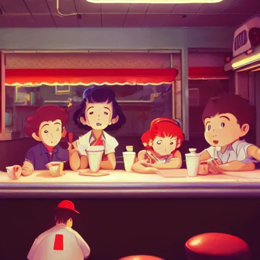 Prompt: a wholesome animation key shot of kids at a 5 0 s diner!!!, medium shot, studio ghibli, pixar and disney animation, sharp, very detailed, high resolution, rendered in unreal engine 5, anime key art by greg rutkowski, bloom, dramatic lighting