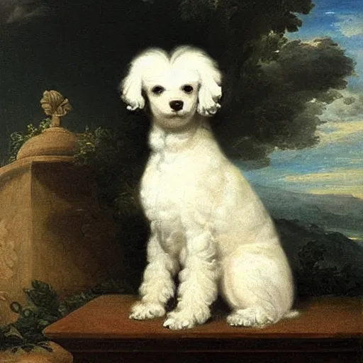 Prompt: a neoclassical painting of a small white poodle with murderous eyes. nature study. german realism. von amerling. dahlenberg.
