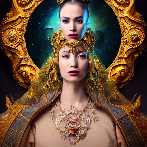 Image similar to a beautiful empress portrait, with a brilliant, impossible striking big cosmic galaxy headpiece, clothes entirely made out of cosmos chaos energy, symmetrical, dramatic studio lighting, rococo, baroque, jewels, asian, hyperrealism, closeup, D&D, fantasy, intricate, elegant, highly detailed, digital painting, artstation, octane render, 8k, concept art, matte, sharp focus, illustration, art by Artgerm and Greg Rutkowski and Alphonse Mucha