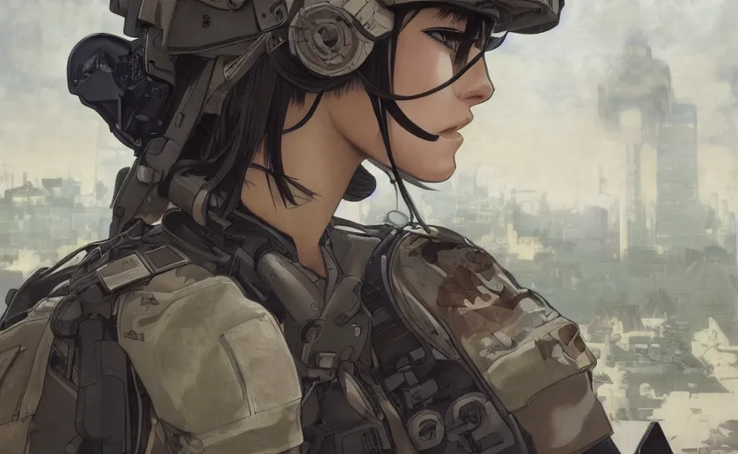 Image similar to back portrait of mechanized soldier girl, anime style, urban in background, soldier clothing, combat helmet, short hair, hair down, symmetrical facial features, from arknights, hyper realistic, 4 k, rule of thirds, extreme detail, detailed drawing, trending artstation, hd, d & d, realistic lighting, by alphonse mucha, greg rutkowski