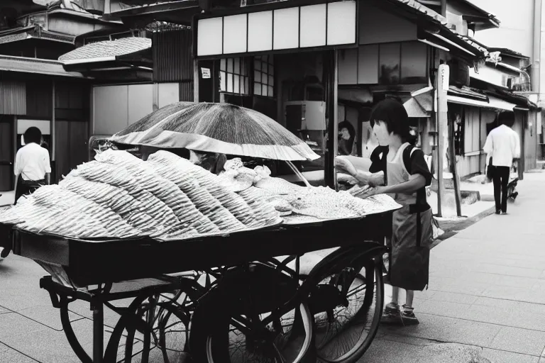 Image similar to still photo of a japanese street fish vendor black and white color aesthetic, highly detailed, photorealistic portrait, bright studio setting, studio lighting, crisp quality and light reflections, unreal engine 5 quality render