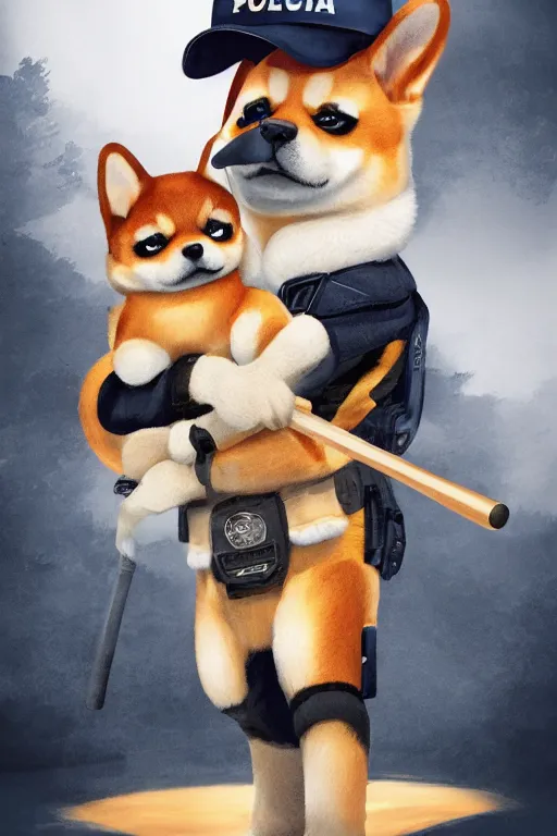 Prompt: shiba inu holding a baseball bat, wearing a police uniform on his bady, wearing a japanese traditional hat on his head, character design, highly detailed digital art, atmosphere, cinematic lightning, hyperrealistic, focused, extreme details, 4 k, ultra detailed, trending on artstation, masterpiece