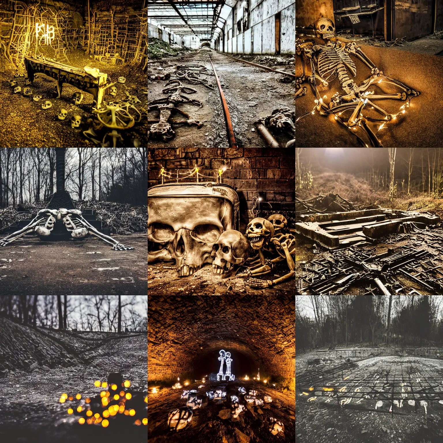 Prompt: travel photography, an abandoned coal mine, skeletons on the ground, a single tomb with fairy lights is in the middle, motion blur, depth of field!!!, bokeh