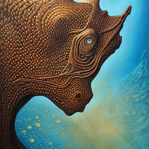 Image similar to a close up of a painting of a Kelpie underwater, an ultrafine detailed painting by John Howe, by György Vastagh, by Jeffrey Smith, behance contest winner, space art, acrylic pour, lovecraftian, cosmic horror, biomorphic, hyper realsim