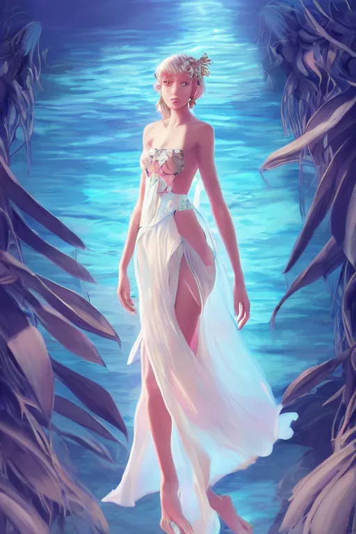 Image similar to a beautiful fashion goddness of love, chic strapless dress, tropical sea background, character design, in the style of artgerm, and wlop, cinematic lighting, hyperdetailed, 8 k realistic, symmetrical, global illumination, radiant light, frostbite 3 engine, cryengine, dof, trending on artstation, digital art