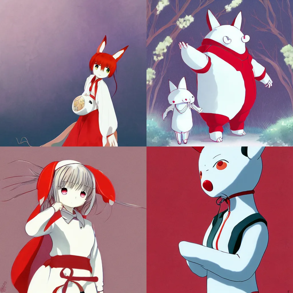 Prompt: Anime Illustration, pixiv, a Baymax with a fox-eared girl dressed in traditional Japanese white and red