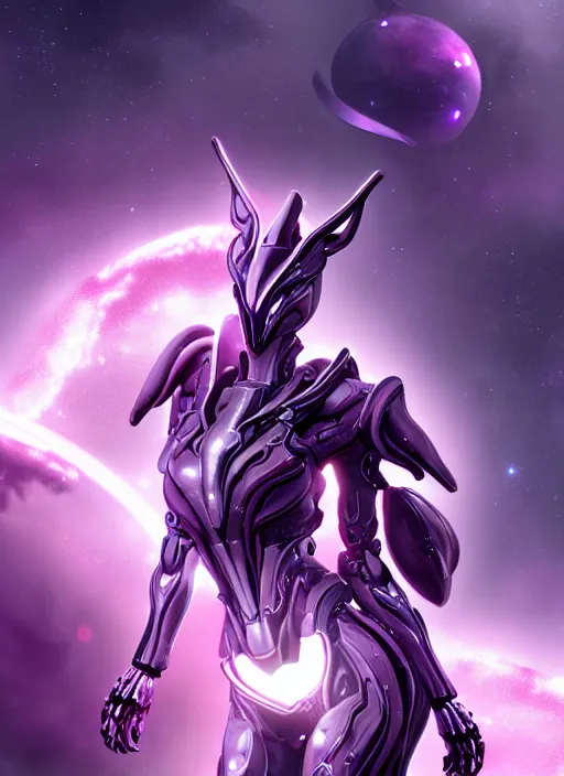 Image similar to cinematic close shot, galactic sized proportional stunning beautiful hot female warframe, sleek mecha goddess dragon head, metal ears, led purple eyes, smooth fuschia skin, smooth silver armor, floating in space, holding a galaxy, epic proportions, epic size, epic detail, furry art, dragon art, giantess art, warframe fanart, furaffinity, octane