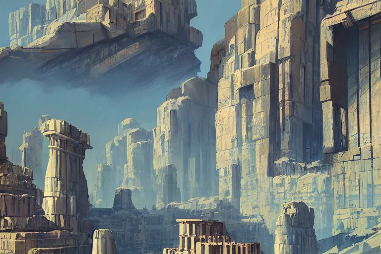 Image similar to an architectural painting of the ruins of an archaic city of ancient persia looming above a canyon by syd mead and and james gilleard in the style of hugh ferriss, ancient persian architrcture by hugh ferriss