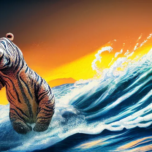 Prompt: a closeup photorealistic photograph of a cute smiling knitted tiger hippopotamus riding a large wave at sunset. surf in the background. professional capture. brightly lit scene. this 4 k hd image is trending on artstation, featured on behance, well - rendered, extra crisp, features intricate detail, epic composition and the style of unreal engine.