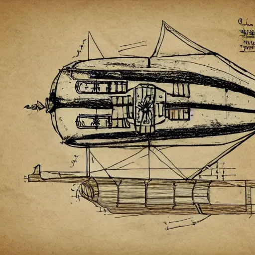 Image similar to technical drawing of a steampunk airship on parchment paper