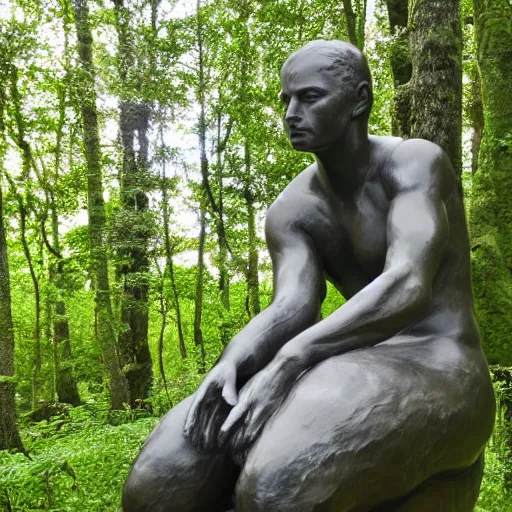 Image similar to The thinker sculpture in the style of William Bartram mushrooms at the base , placed in a lush forest