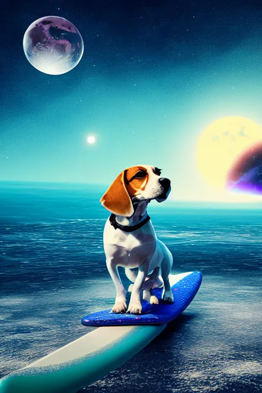 Image similar to beagle dog surfing a surfboard on a sparkly crashing wave of stardust in space, background is a moon in nebula, octane render, unreal engine, wide view, 8 k, highdetaild