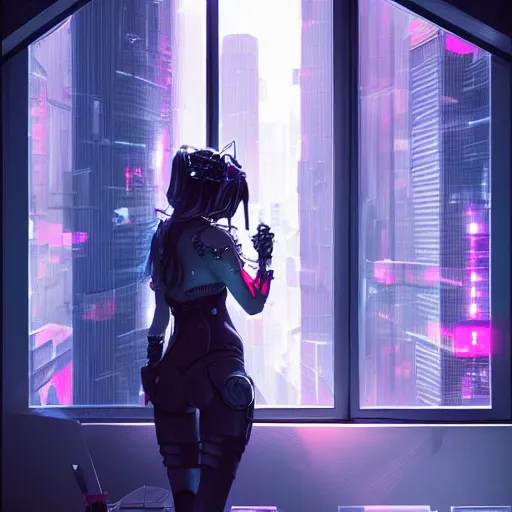 Image similar to art by rossdraws, portrait of cyberpunk woman looking out of a window, cyberpunk setting, futuristic, highly detailed, intricate lighting, digital painting, sharp focus, illustration, trending on artstation.