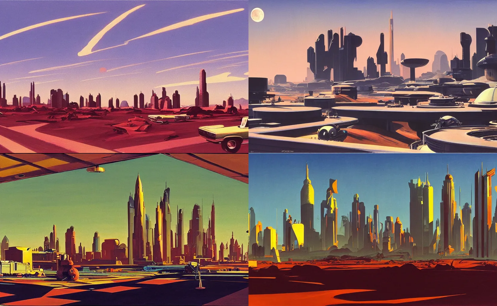 Prompt: the skyline of a bustling martian colony, sci - fi painting by syd mead and edward hopper