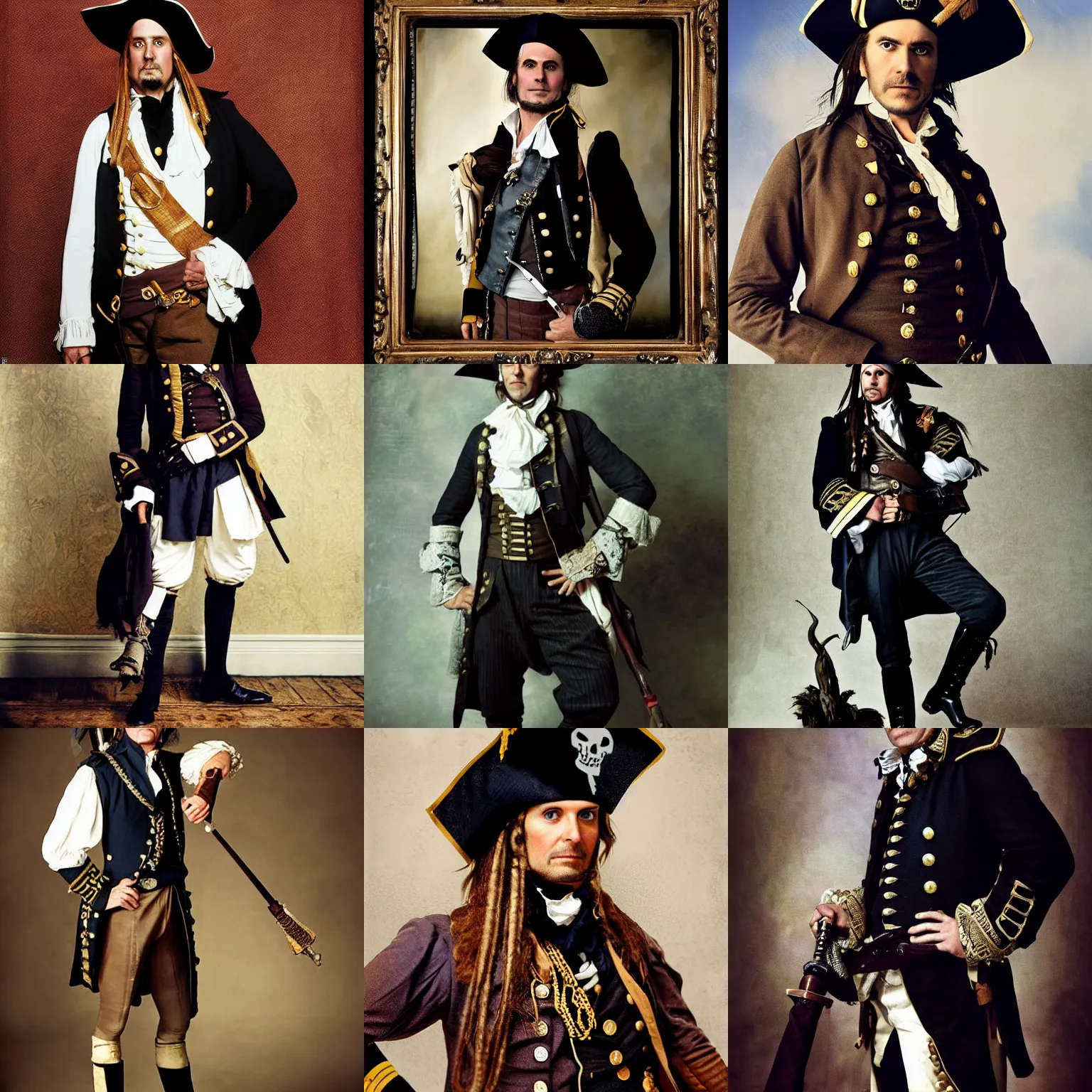 Prompt: admiral norrington from pirates of the caribbean, wearing waistcoat, breeches, stockings and a tricorn hat, photo portrait by annie leibovitz