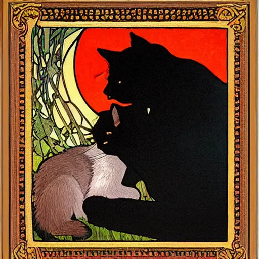 Image similar to a masterpiece painting by mucha exposed at the louvre : a black cat cuddling a racoon in a poppy field with a red sunset in the background