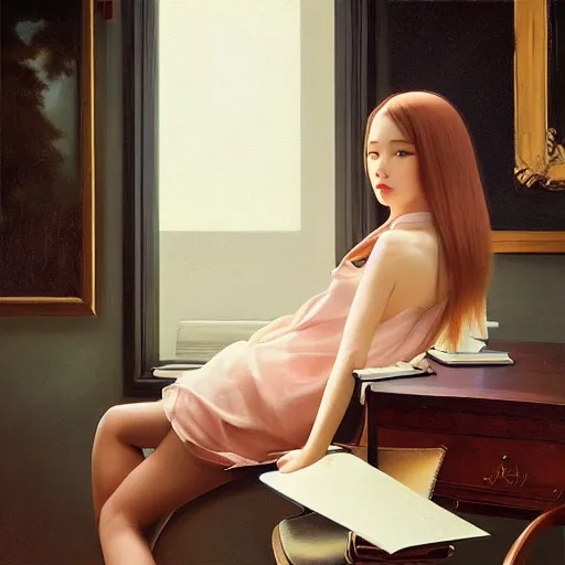 Image similar to oil painting by ilya kuvshinov,, baugh casey, rhads, coby whitmore, of a youthful japanese beauty, long hair, sitting on antique chair leaning against a desk, victorian room, highly detailed, breathtaking face, studio photography, dawn, intense subsurface scattering, blush, supple look, innocence, soft spray