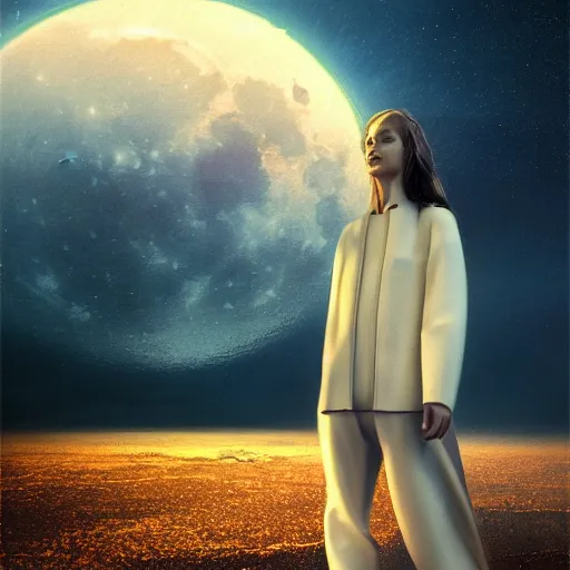 Prompt: 3 d, sci - fi, night, moon, smiling fashion model face, moon rays, cinematic, clouds, vogue cover style, a man walks to the horizon, blue mood, realistic painting, intricate oil painting, high detail illustration, figurative art, multiple exposure, poster art, 3 d, by tooth wu and wlop and beeple and greg rutkowski