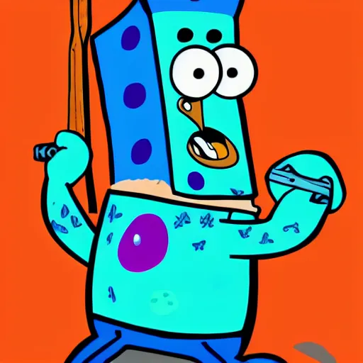 Image similar to patrick from spongebob squarepants holding a hammer, intricate abstract, cartoon