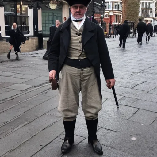 Prompt: 1850s Victorian chimney sweeper walking down the street in London, photo taken with an iPhone, HD