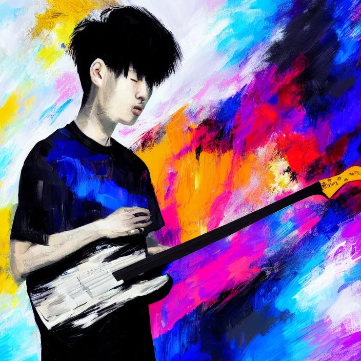 Image similar to large diagonal brush strokes, abstract dark painting of a young korean male musician wearing black tank top holding a telecaster!!! electric guitar!!, thick flowing dramatic brush strokes, dark matte colors!!, abstract, impressionist, motion, trending on artstation