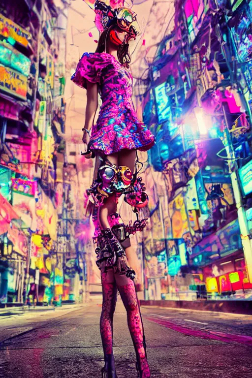 Image similar to antediluvian steppe magical girl wearing cybernetic floral valentino, cyberpunk steppe market background, bright cinematic fashion photography