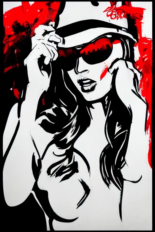 Prompt: dream of a film still from sin city, closeup portrait of film noir angry megan fox private detective wearing a hat and red sunglasses, detailed illustration, digital art, trending on artstation, frank miller, martin ansin, action movie poster, dripping paint, red on black, patrick nagel!, graffiti, gta v,