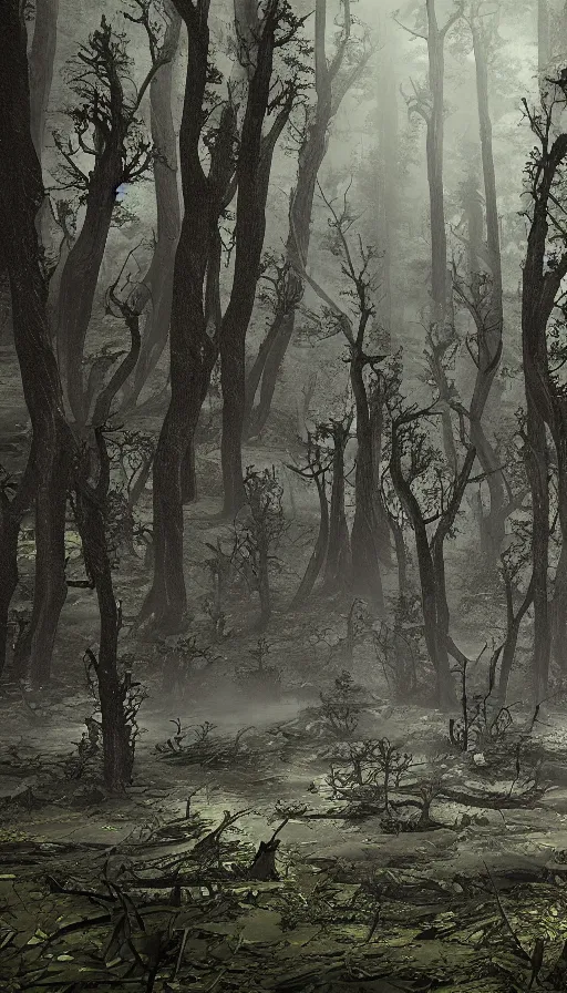 Image similar to a storm vortex made of many demonic eyes and teeth over a forest, with vray