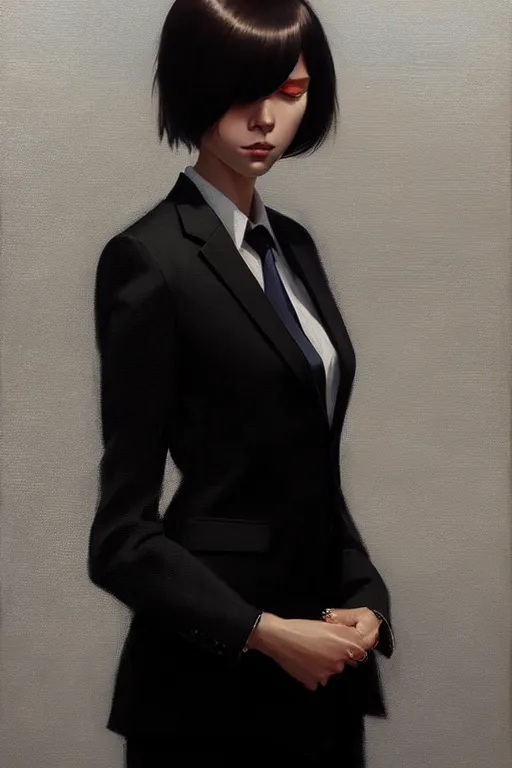 Image similar to a ultradetailed beautiful portrait panting of a stylish woman wearing a black loose fit suit with a tie, oil painting, by ilya kuvshinov, greg rutkowski and makoto shinkai, trending on artstation