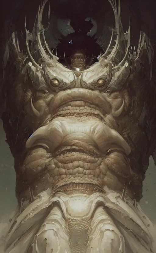 Image similar to a dynamic portrait of a gigantic white monstrosity, a fat tank monster made of ingrown white bodies, concept art, deep focus, fantasy, intricate, highly detailed, digital painting, artstation, matte, sharp focus, illustration, art by greg rutkowski and alphonse mucha
