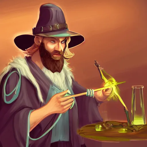 Image similar to man_mage Character art of a D&D wizard doing magic in his laboratory, with a blond beard and curly hair and a wide-brimmed straw hat, concept art, digital art