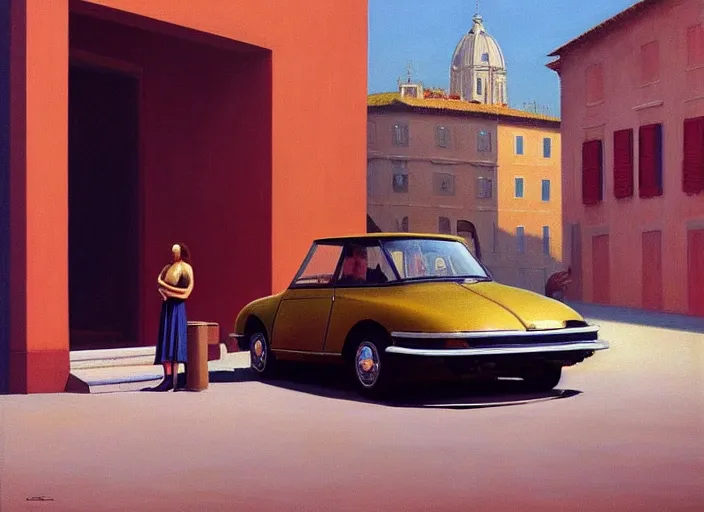 Image similar to a beauty woman stands at citroen ds 1 9 in rome, highly detailed, soft lighting, elegant, by edward hopper and james gilleard, zdzislaw beksinski, steven outram, highly detailed